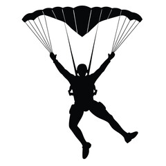 Silhouette of a skydiver in mid air against a white background