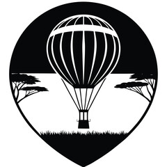 Silhouette hot air balloon floating over a savanna landscape at sunset