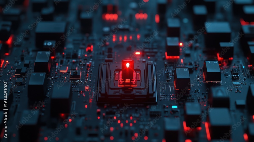 Poster close-up of a complex circuit board. red glowing components stand out against dark, textured surface
