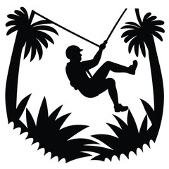 Silhouette of a person ziplining through a lush jungle canopy