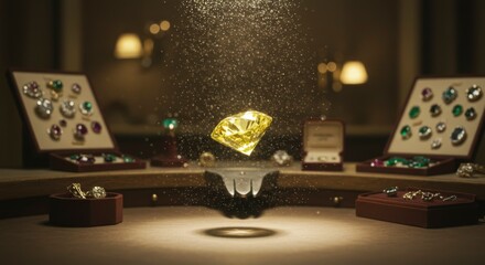 A large, yellow diamond levitates, illuminated, amidst various gemstones displayed in velvet-lined cases