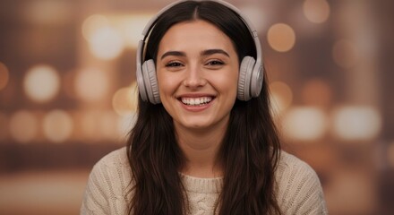 Smiling woman with brown hair wearing light beige headphones. Warm background with bokeh effect