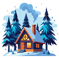 Cozy cabin nestled in a snowy forest with warm glowing lights and chimney smoke