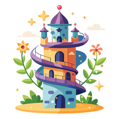 Whimsical spiral flower tower with balconies and star banner