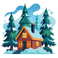 Cozy snowy forest cabin with warm glowing windows and chimney smoke