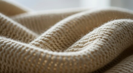 Soft, creamy-beige knitted fabric with a textured, slightly rippled surface, exhibiting a gentle drape and subtle light reflection
