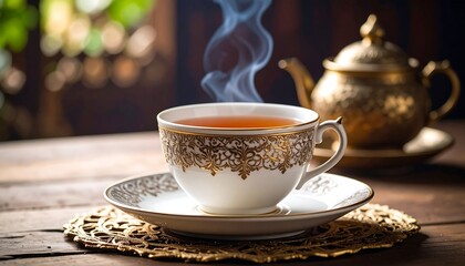Hot tea in ornate cup