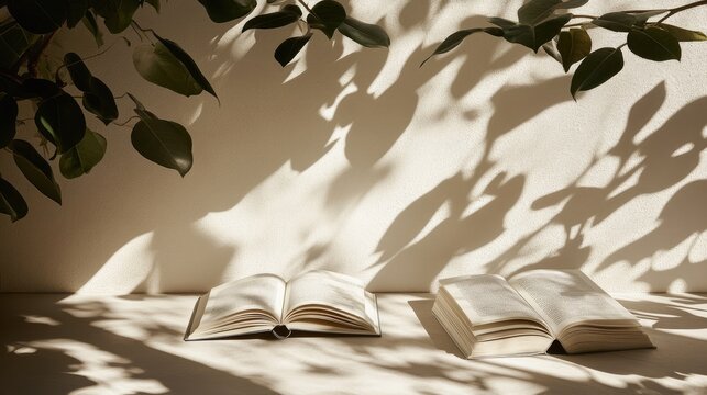 Two open books rest on a surface bathed in sunlight, dappled with the shadows of overhanging leafy branches against a light beige wall