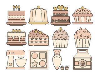 Flat style bakery illustration featuring various cakes, cupcakes, and baking tools, perfect for food content, dessert designs, and pastry-themed projects.