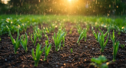 Lush green seedlings emerge from dark soil, bathed in golden sunlight during a gentle rain