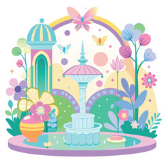 Enchanting sunlit garden with fairy fountains and butterflies