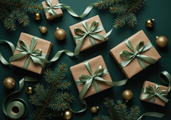 Elegant Christmas gifts with sage green ribbons and gold ornaments beautifully arranged.