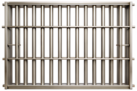 A metallic grate with parallel vertical and horizontal bars, isolated on a transparent background