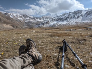 Mountain landscape with hiking boots and trekking poles