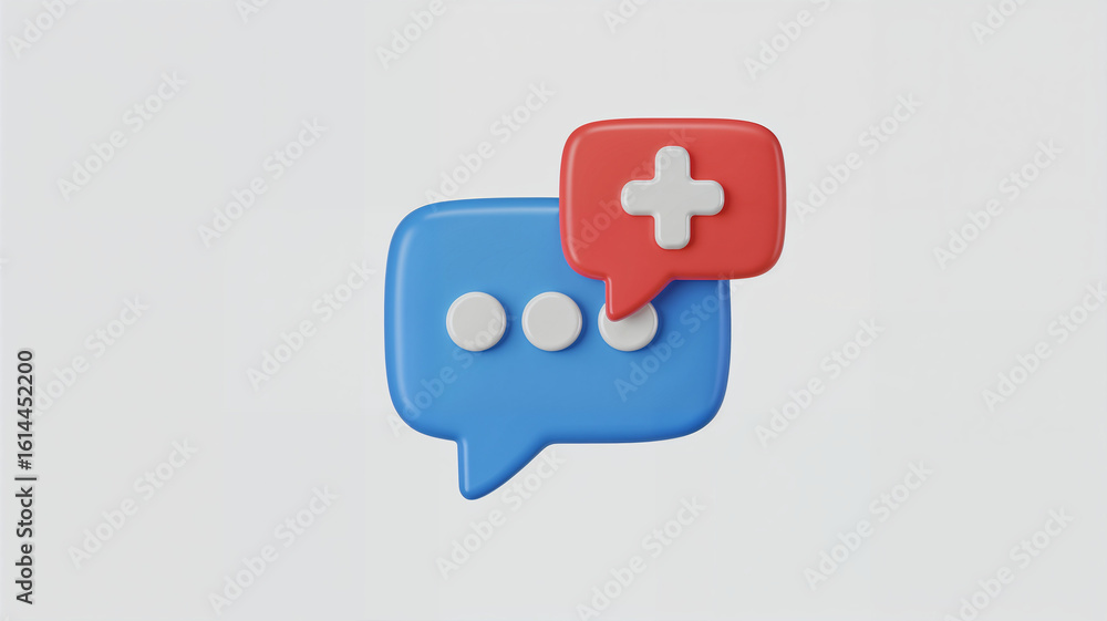 Poster new message notification; a 3d rendered blue speech bubble with a red plus sign.