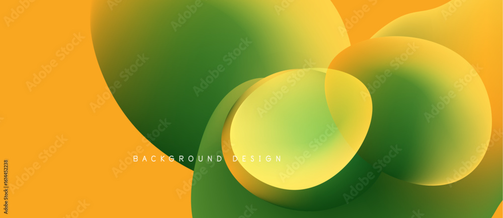 Poster abstract fluid shapes overlap. yellow, green hues create dynamic composition. modern design suitable