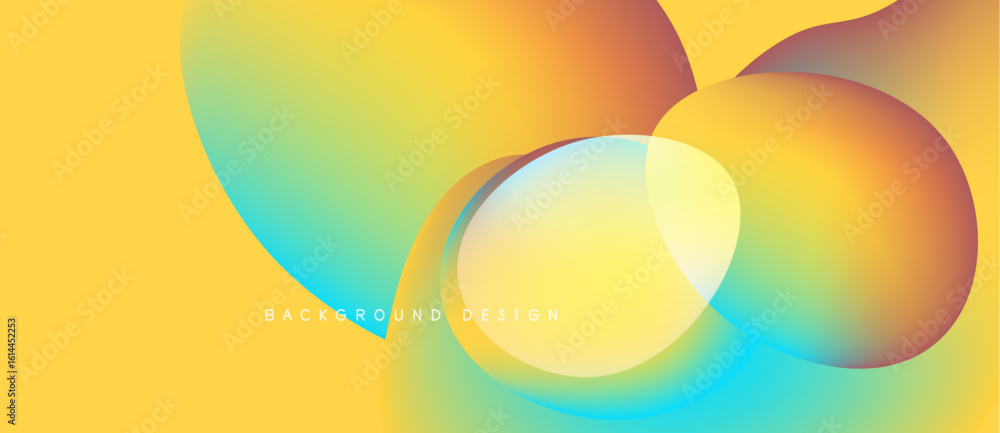 Poster abstract fluid shapes overlap, creating vibrant color gradients. yellow dominates background, with o