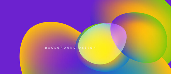 Vibrant overlapping circles create colorful abstract background. Gradient hues blend purple, yellow, blue, green. Modern design element.
