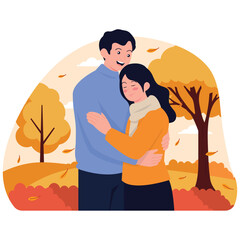 Autumn Illustration. Vector illustration of A couple shares a warm embrace outdoors during the fall season, enjoying the crisp air and beautiful foliage. Isolated on background