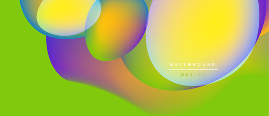 Abstract vibrant shapes overlap, creating colorful gradients. Lime green background complements dynamic visual composition. Modern design element.