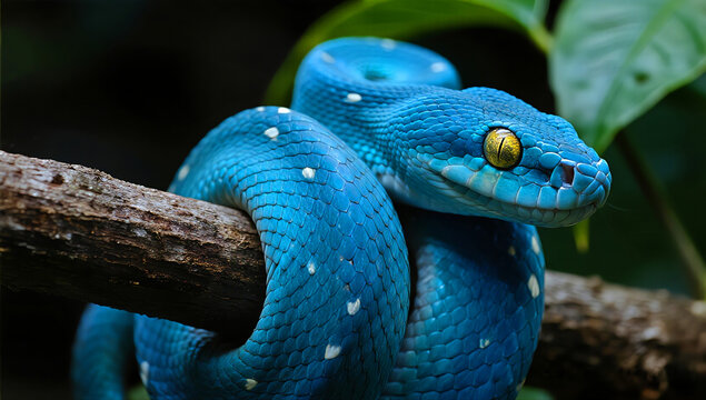 Stunning vibrant blue tree python coils on branch with intense yellow eyes, nature's beauty captured