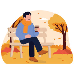 Autumn Illustration. Vector illustration of A man sits on a bench in the park, enjoying a warm cup of coffee surrounded by falling leaves and autumn trees. Isolated on background