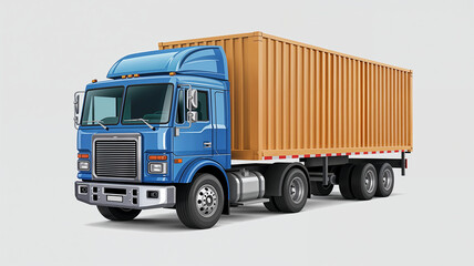 A blue semi-truck with a large orange cargo container, isolated on a light gray background.