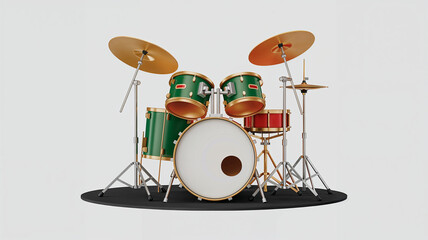A complete drum set with green and red drums and golden cymbals is displayed on a white background.