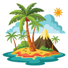 Vibrant tropical island with a smoking volcano and lush coconut trees