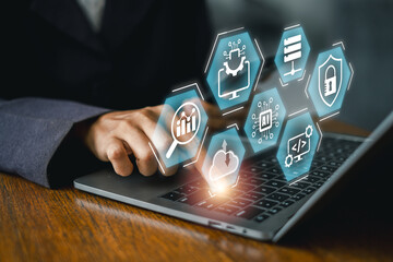 Explore cutting-edge information technology with digital icons and laptop interaction, showcasing modern business solutions.