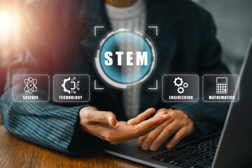 Futuristic interface showcasing STEM fields: Science, Technology, Engineering, Mathematics. Ideal for educational and tech-focused content.