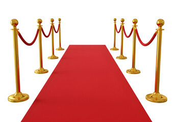 A red carpet with golden stanchions and velvet ropes on each side isolated on white or transparent background. PNG