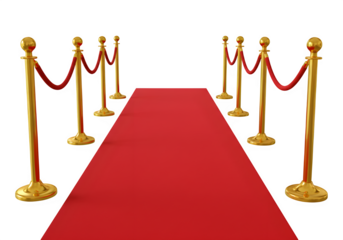 A red carpet with golden stanchions and velvet ropes on each side isolated on white or transparent background. PNG