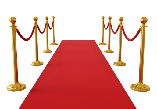 A red carpet with golden stanchions and velvet ropes on each side isolated on white or transparent background. PNG - Powered by Adobe