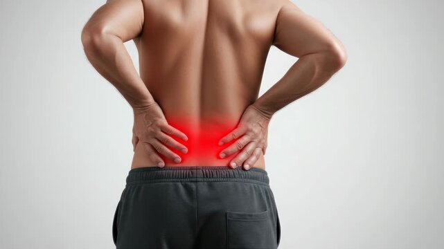 Man experiencing intense lower back pain, muscle ache, healthcare awareness and spinal problems,