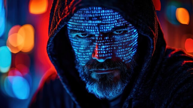 Close-up of a man in a hooded sweatshirt, his face illuminated by glowing, light-blue binary code - Powered by Adobe
