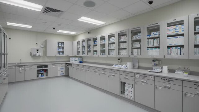 Modern and Organized Hospital Pharmacy Interior with Medicine Storage System for Patients