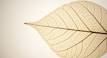 Obraz premium Close-up of a delicate, transparent skeleton leaf showing its intricate vein structure against a soft, neutral background.