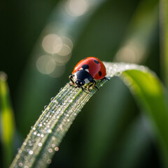 Obraz premium Macro photo of a red ladybug on a green leaf with morning dew, soft bokeh background, natural light, shallow depth of field