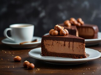 Decadent chocolate hazelnut cake slice with coffee