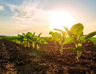 Young soybean plants emerging from rich soil at sunset