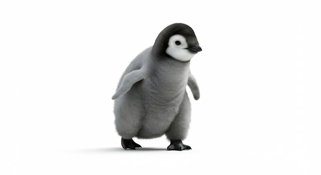 愛らしいペンギン雛、白背景でふわふわ歩く姿. AI Generated