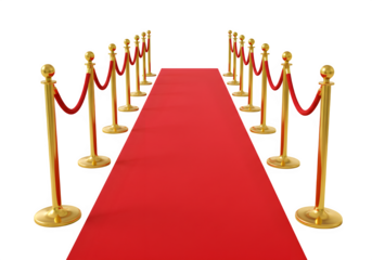 A red carpet with golden stanchions and velvet ropes on each side isolated on white or transparent background. PNG