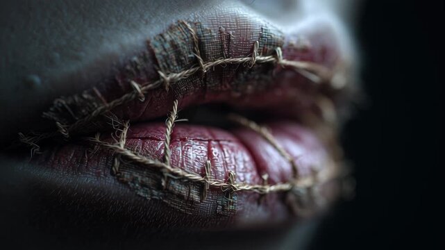 Stitched lips bound with rough thread close up evoke dark horror and eerie silence on skin creating unsettling malevolent emotions