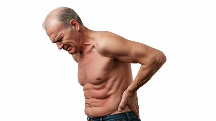 Senior Man's Torso Expressing Back Pain, Healthcare and Body awareness showing the struggle of