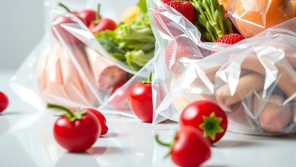 Vibrant Close-Up of Red Fruits and Vegetables in Plastic Bags