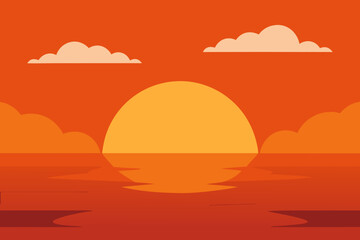 Vibrant sunset over calm water with fluffy clouds