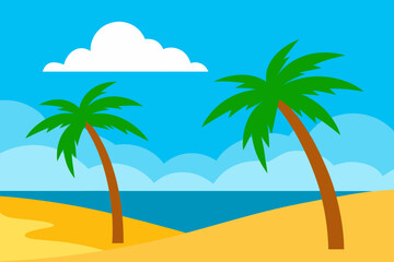 Two palm trees on a sandy beach with ocean and clouds