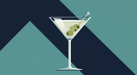 A minimalist illustration of a a classic martini drink with olives, representing elegant cocktail culture and happy hour