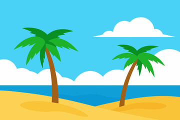 Two palm trees on a sandy beach with blue ocean and sky
